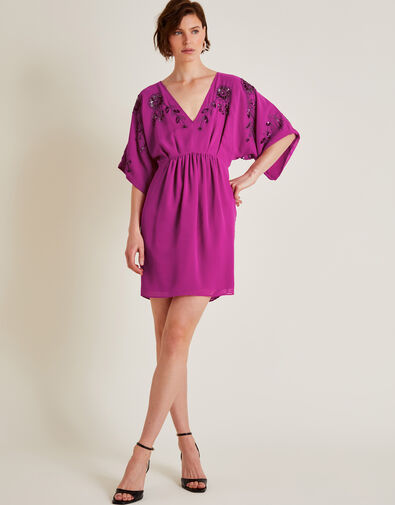 Isla Embellished Short Sleeve Mini Dress, Pink (PINK), large