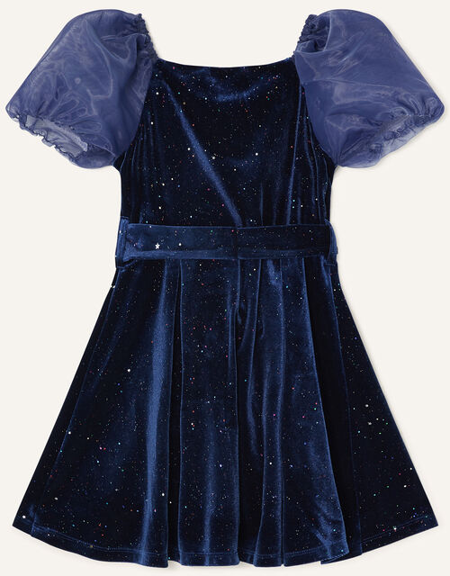 Puff Sleeve Sparkle Velvet Dress Blue | Girls' Dresses | Monsoon UK.