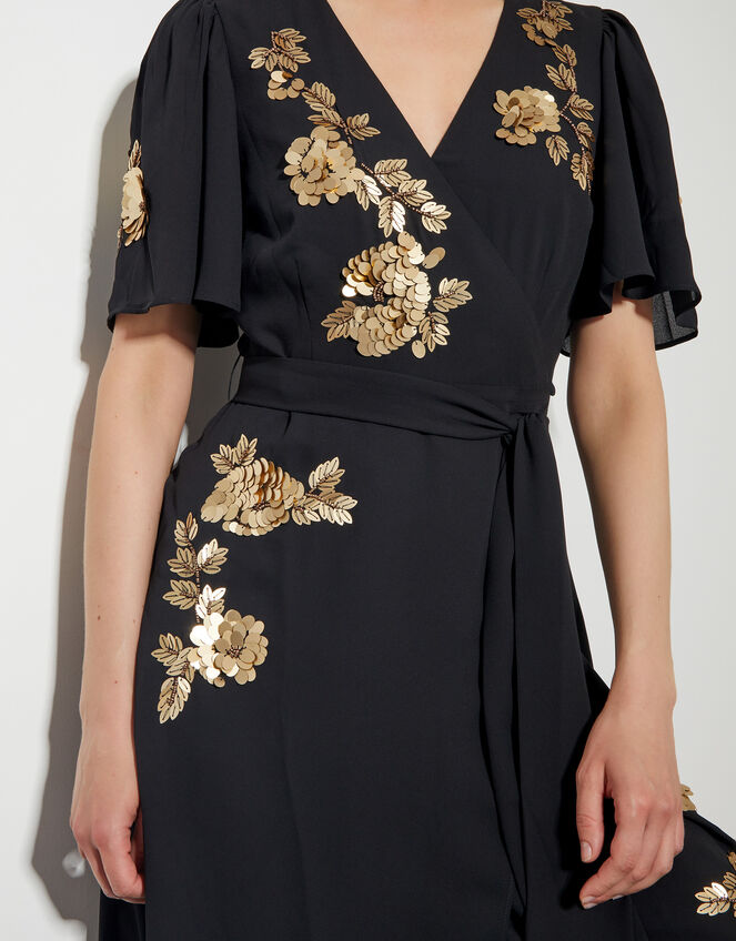 Sarah Sequin Floral Midi Wrap Dress, Black (BLACK), large