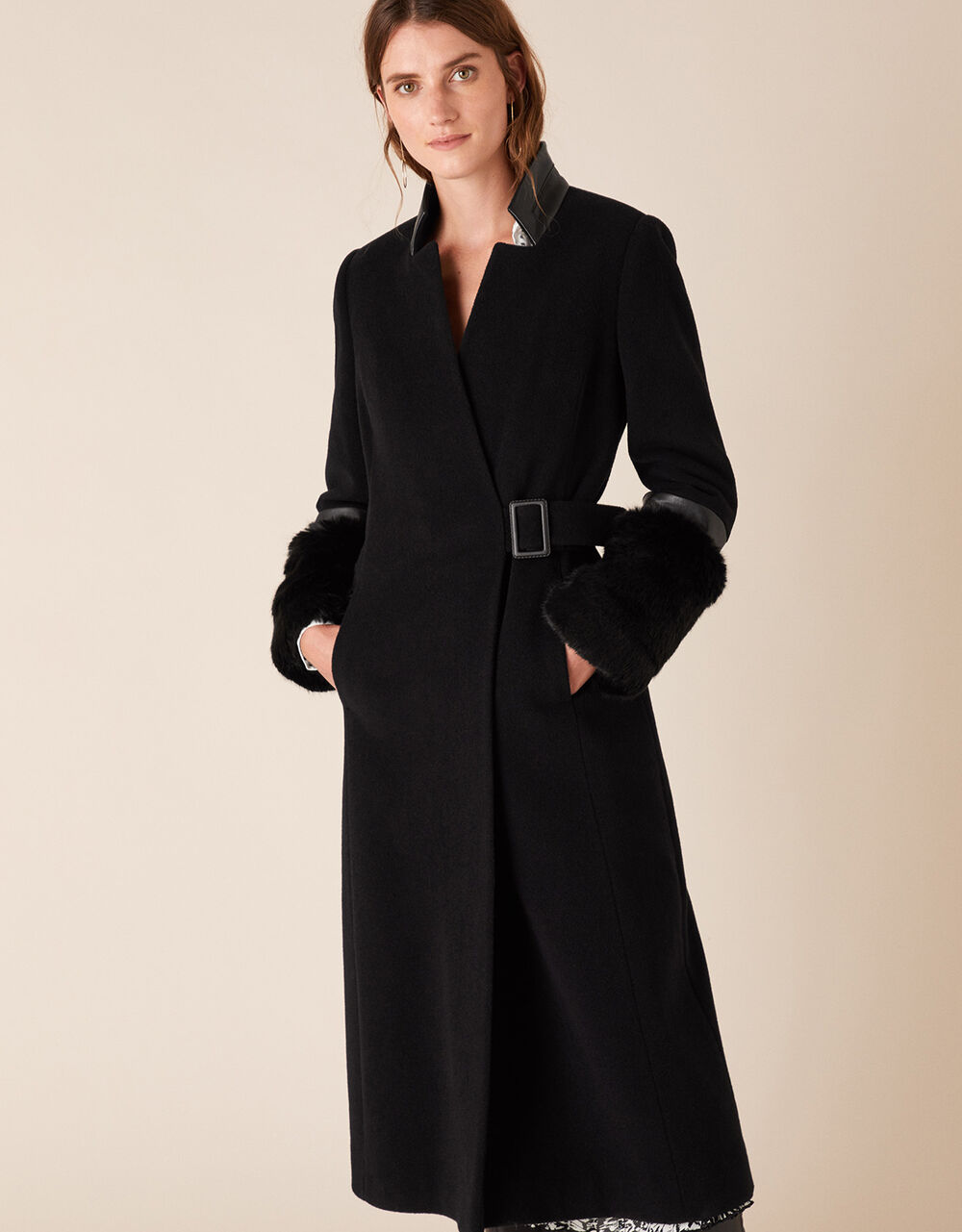 Faux Fur Cuff Maxi Coat in Wool Blend Black | Women's Coats | Monsoon UK.