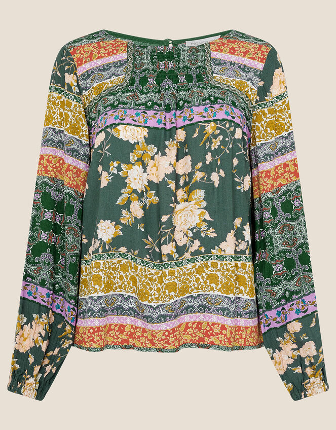 Mixed Floral Border Print Top, Green (GREEN), large