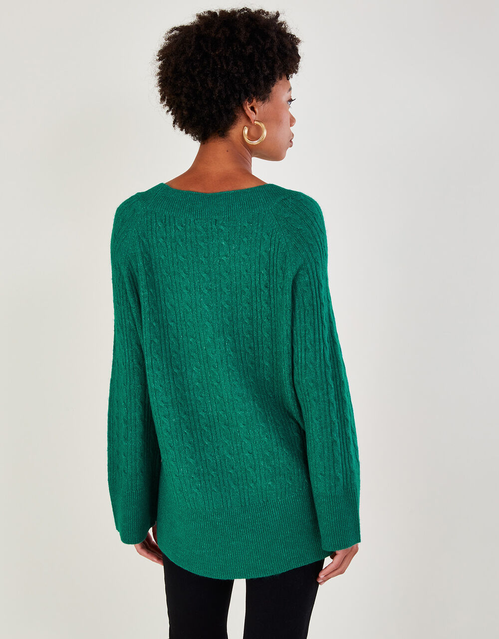 V-Neck Cable Longline Jumper with Recycled Polyester Green | Jumpers ...