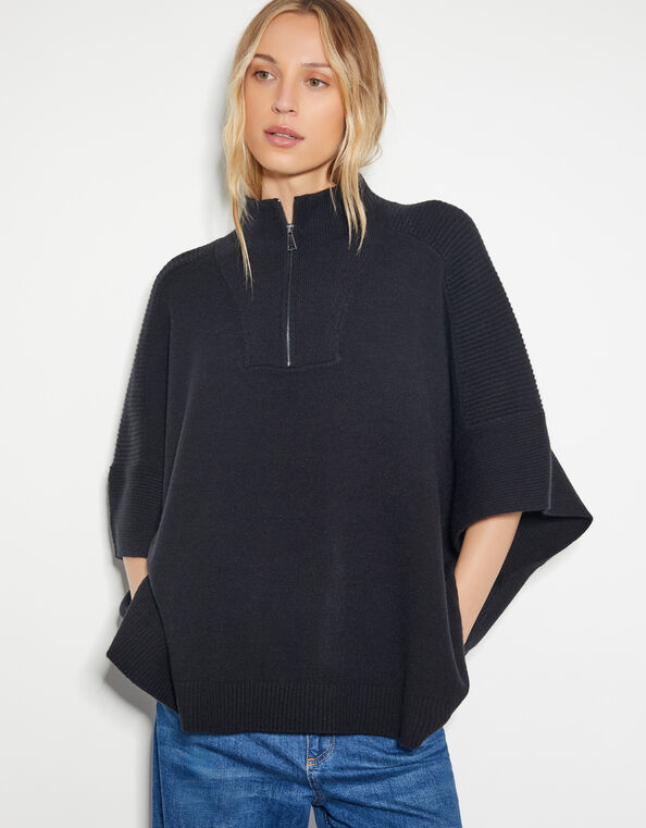 Half Zip Knit Poncho, Black (BLACK), large