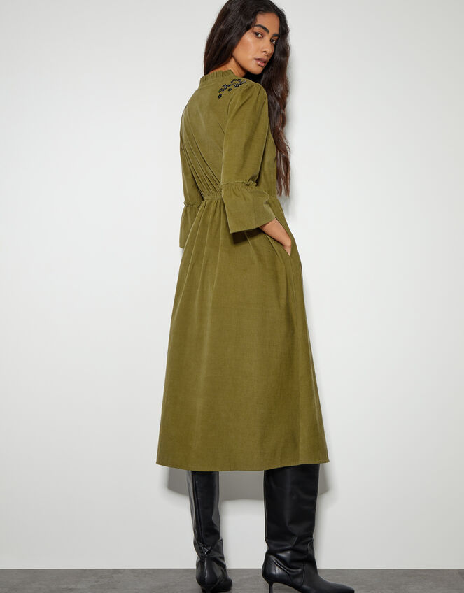 Edith Embroidered Corduroy Midi Dress, Green (OLIVE), large