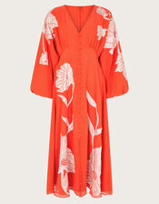 Talia Floral Applique Midi Tea Dress, Orange (CORAL), large