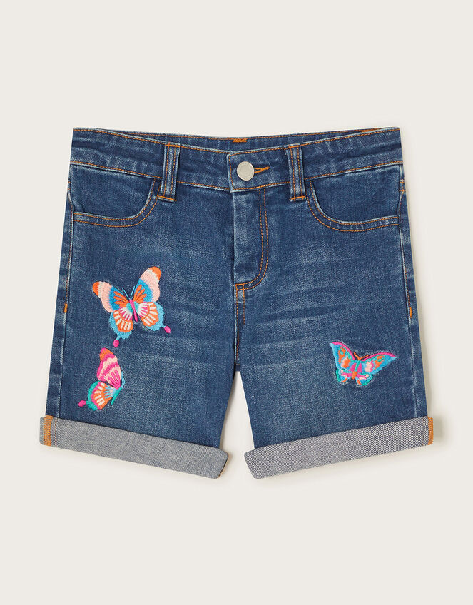 Butterfly Embroidered Denim Shorts, Blue (BLUE), large