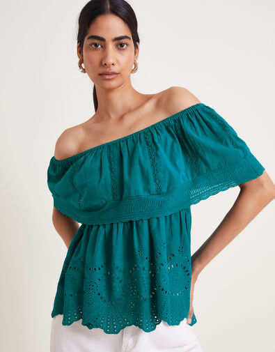 Cleo Broderie Bardot Top, Teal (TEAL), large