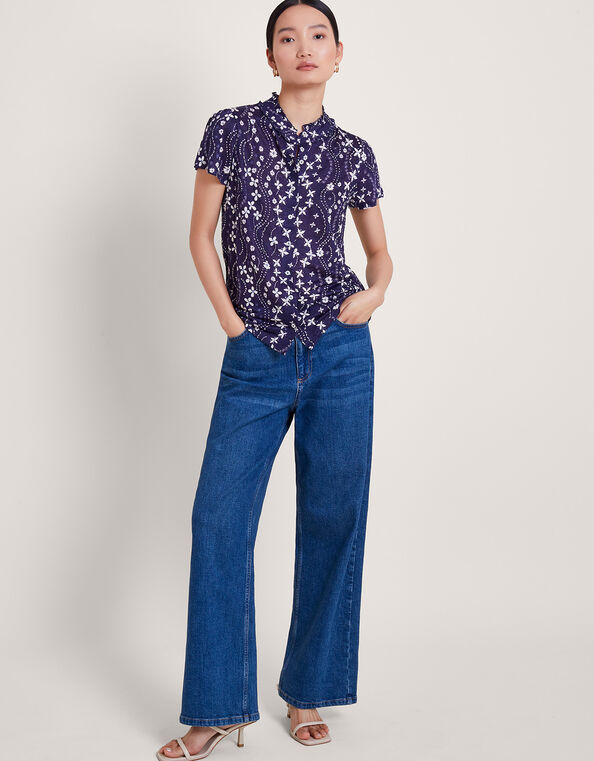 Serena Floral Linen Top, Blue (NAVY), large