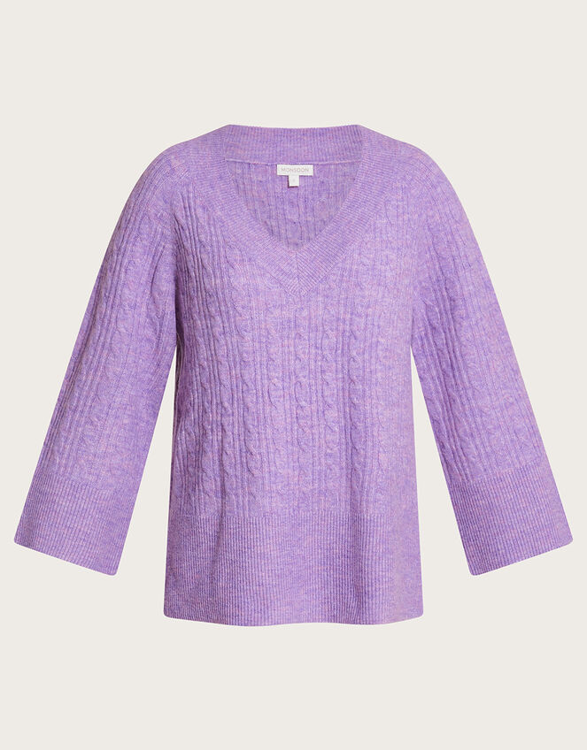 V-Neck Cable Longline Jumper with Recycled Polyester , Purple (LILAC), large