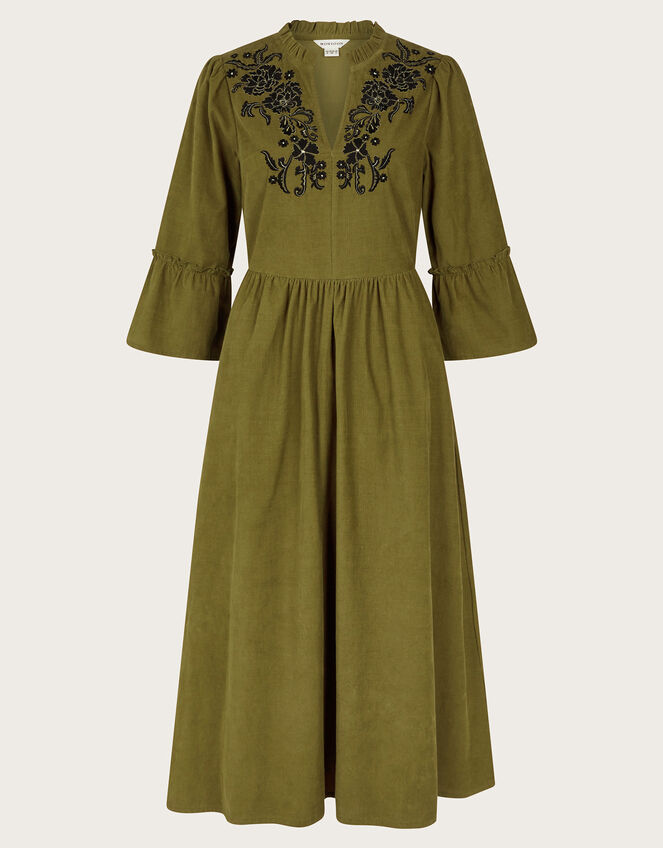 Edith Embroidered Corduroy Midi Dress, Green (OLIVE), large