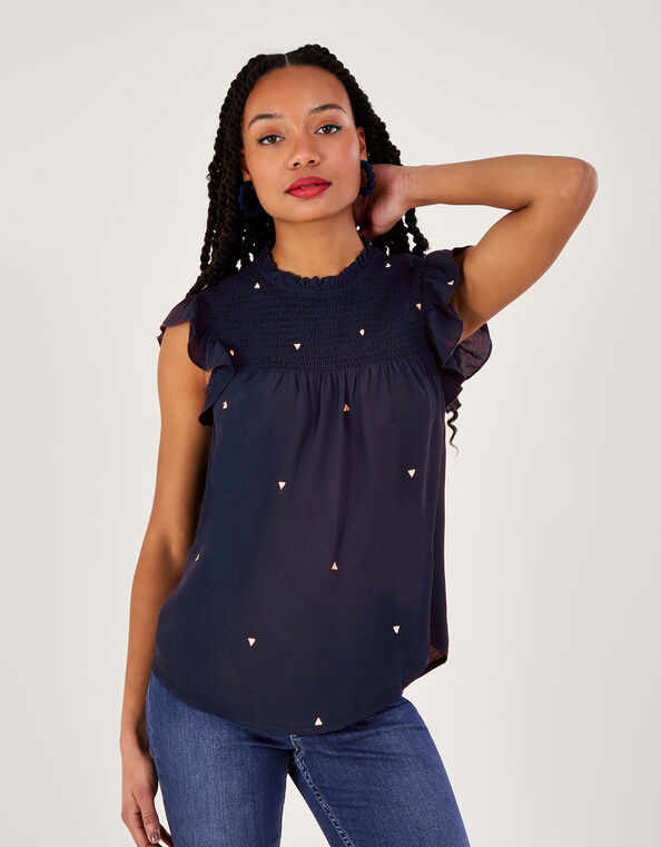 Darla Embroidered Top in Sustainable Viscose, Blue (NAVY), large