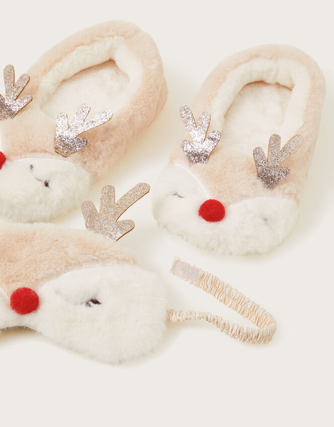 Fluffy Reindeer Slippers and Mask Set, Ivory (IVORY), large