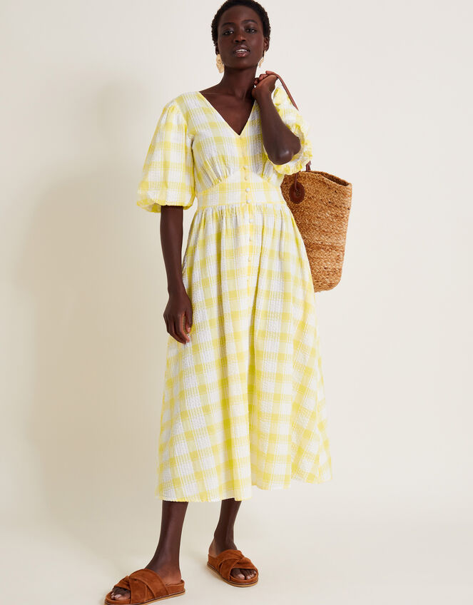 Zola Gingham Short Sleeve Midi Dress, Yellow (YELLOW), large