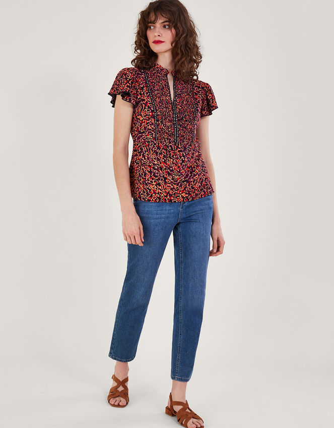 Embellished Printed Jersey Top Red