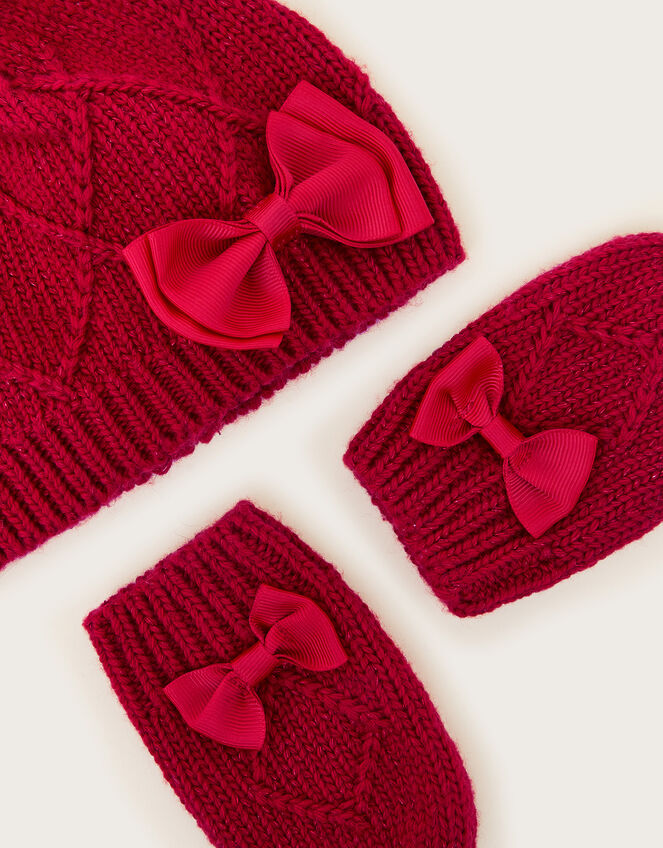 Baby Bow Hat and Mittens Set, Red (RED), large