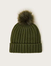 Lilia Ribbed Faux Fur Bobble Hat, Green (KHAKI), large