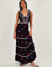 Wide Strap Motif Embroidered Maxi Cami Dress, Black (BLACK), large