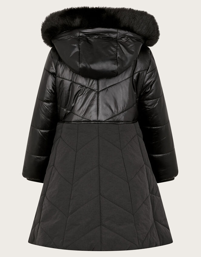 Faux Fur Hooded A-Line Puffer Coat, Black (BLACK), large