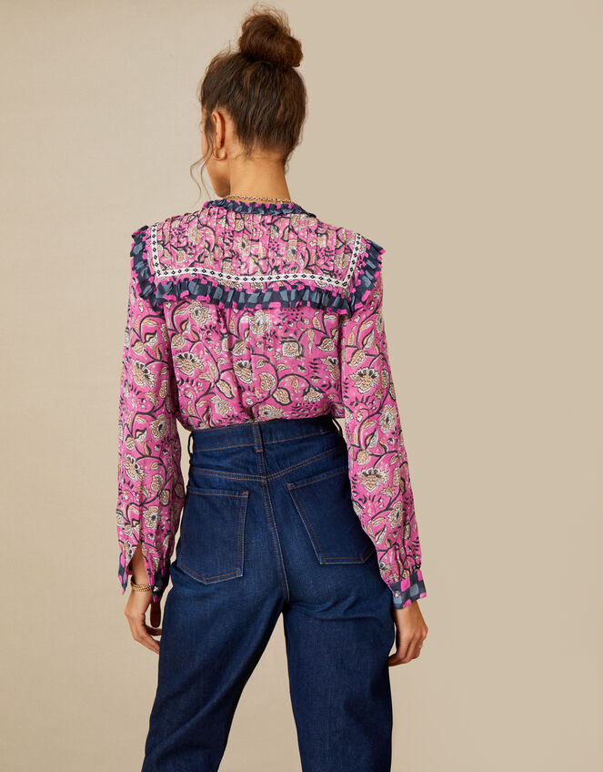 Woodblock and Floral Print Blouse Pink