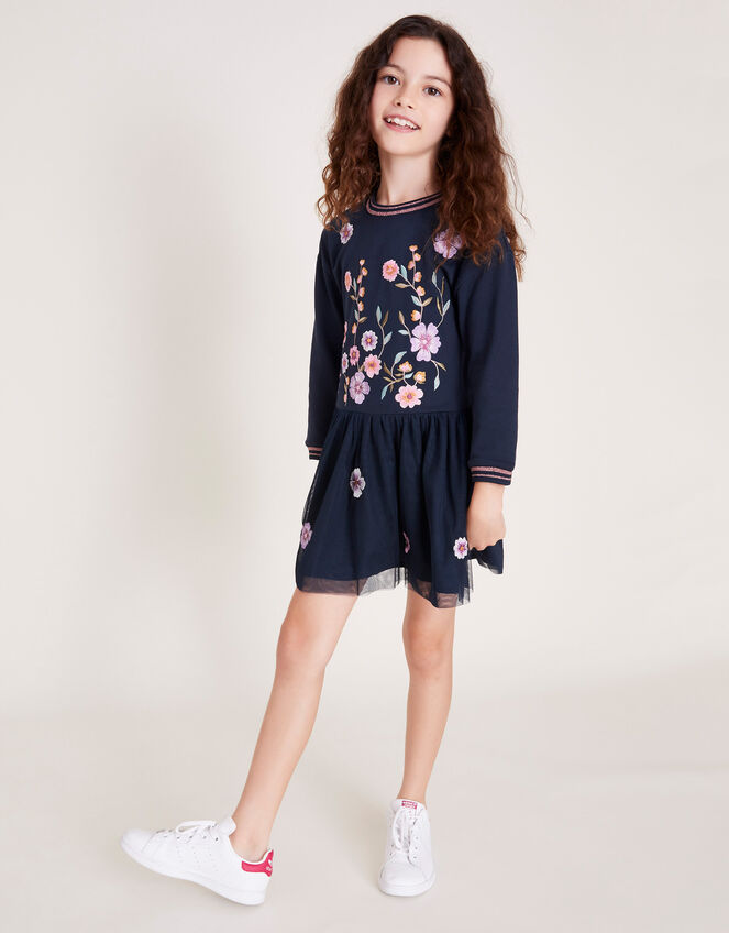 2-in-1 Floral Embroidered Dress, Blue (NAVY), large