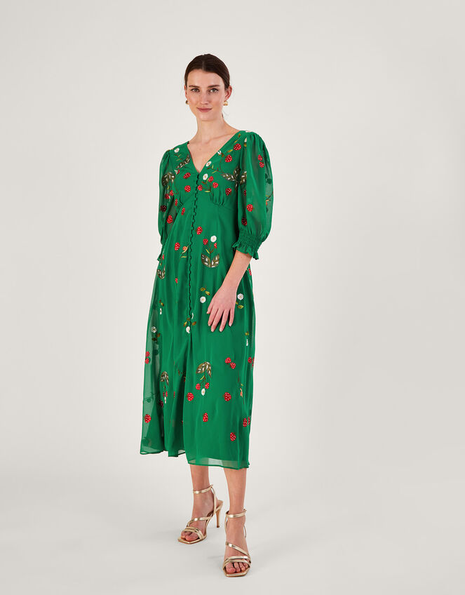 Simone Button Through Embroidered Dress in Recycled Polyester, Green (GREEN), large