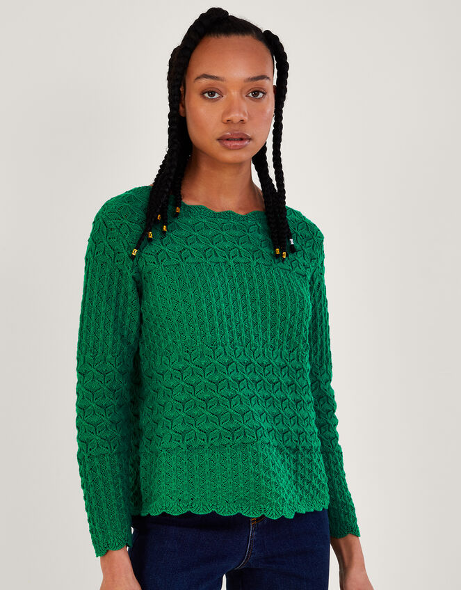Pointelle Stitch Jumper with Tie Back in Sustainable Cotton Green