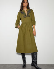 Edith Embroidered Corduroy Midi Dress, Green (OLIVE), large