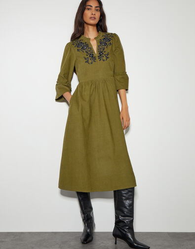 Edith Embroidered Corduroy Midi Dress, Green (OLIVE), large