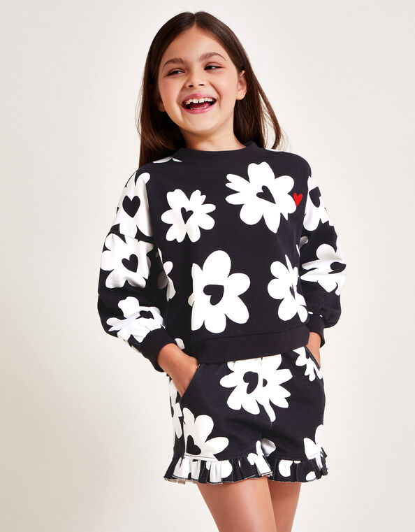 Floral Sweatshirt and Shorts Set, Black (BLACK), large