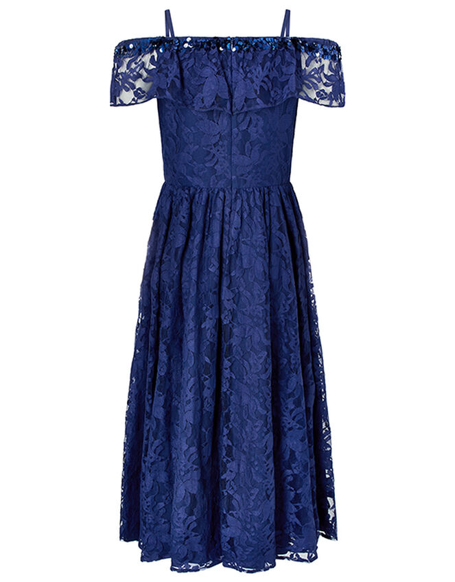Lucy Sequin Lace Bardot Dress Blue