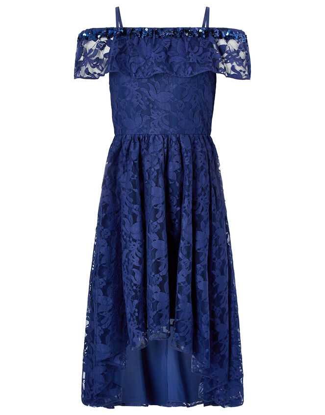 Lucy Sequin Lace Bardot Dress Blue