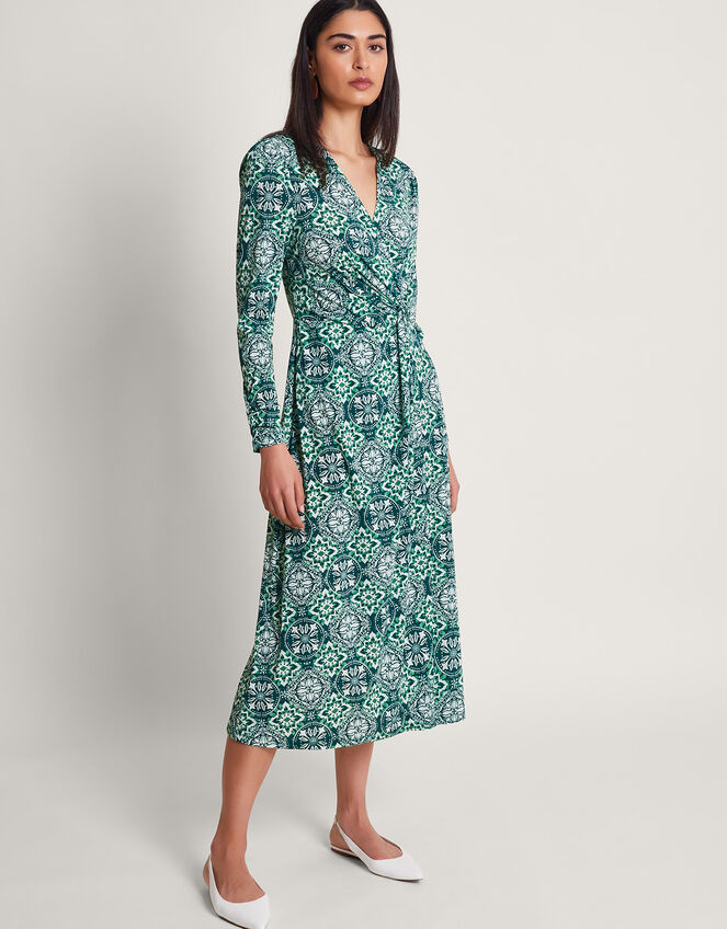 Kit Print Wrap Dress, Green (GREEN), large