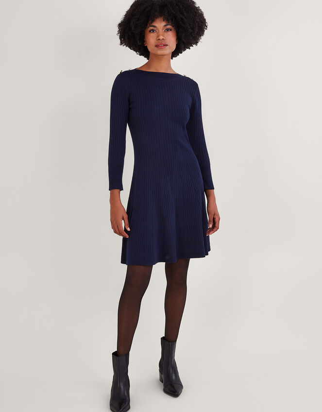 Button Detail Ribbed Fit and Flare Dress with Recycled Polyester Blue