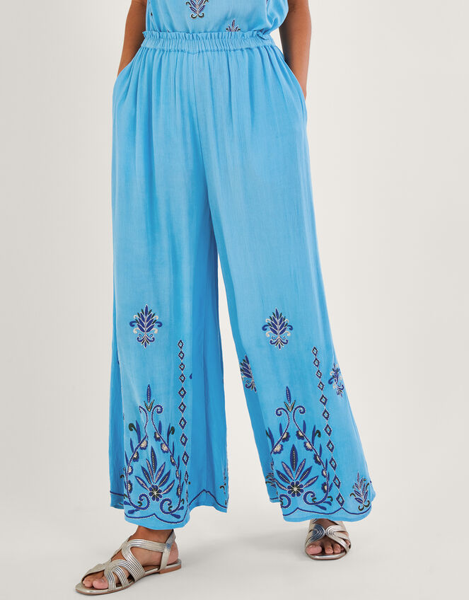 Embroidered Wide Leg Trousers in LENZING™ ECOVERO™ Blue