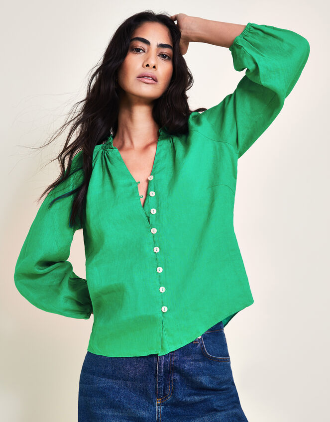 Reine Frill Linen Blouse, Green (GREEN), large