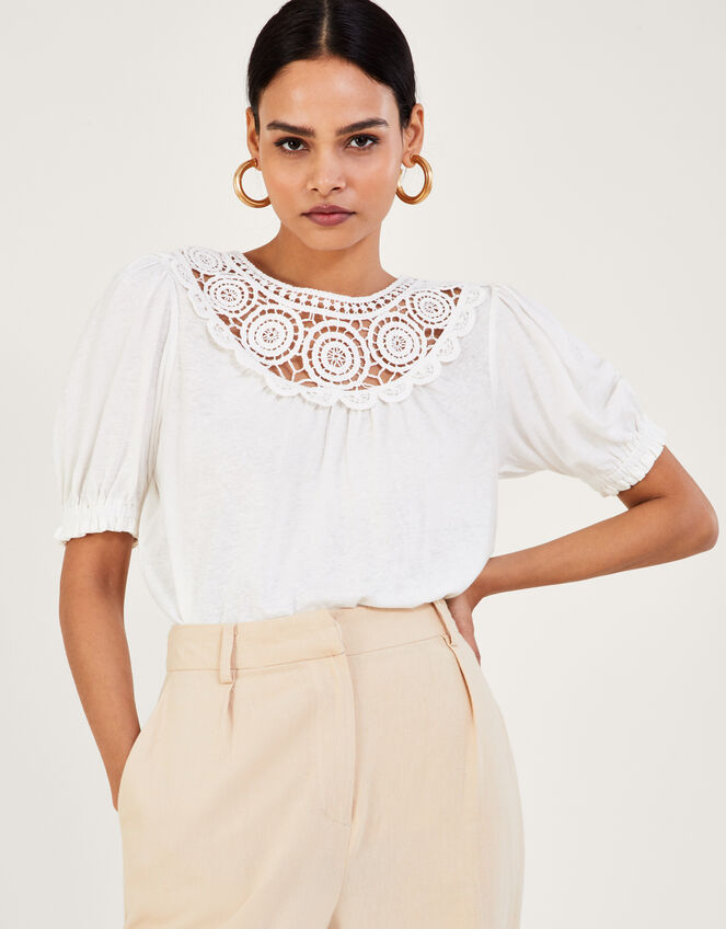 Crochet Frill Sleeve Top in Linen Blend Ivory | Tops & T-shirts ...