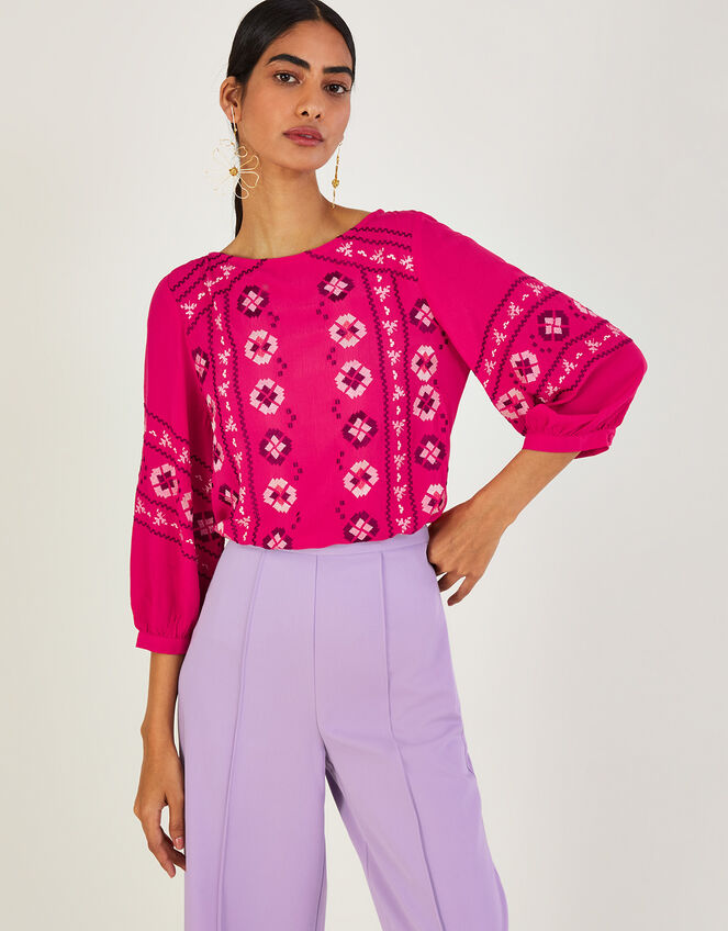 Elliana Embroidered Top in Sustainable Viscose Pink