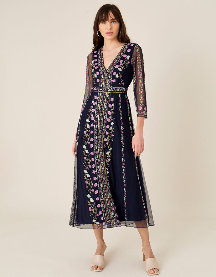 ARTISAN Amara Embroidered Midi Dress Blue | Evening Dresses | Monsoon UK.