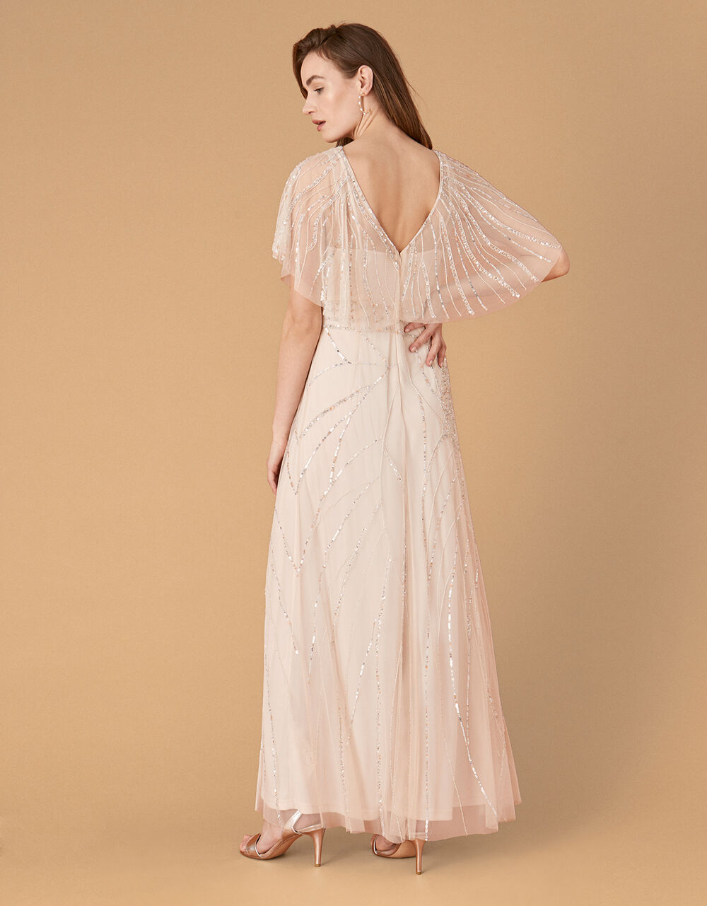 Florence Embellished Flutter Sleeve Maxi Dress Nude Evening Dresses 7335