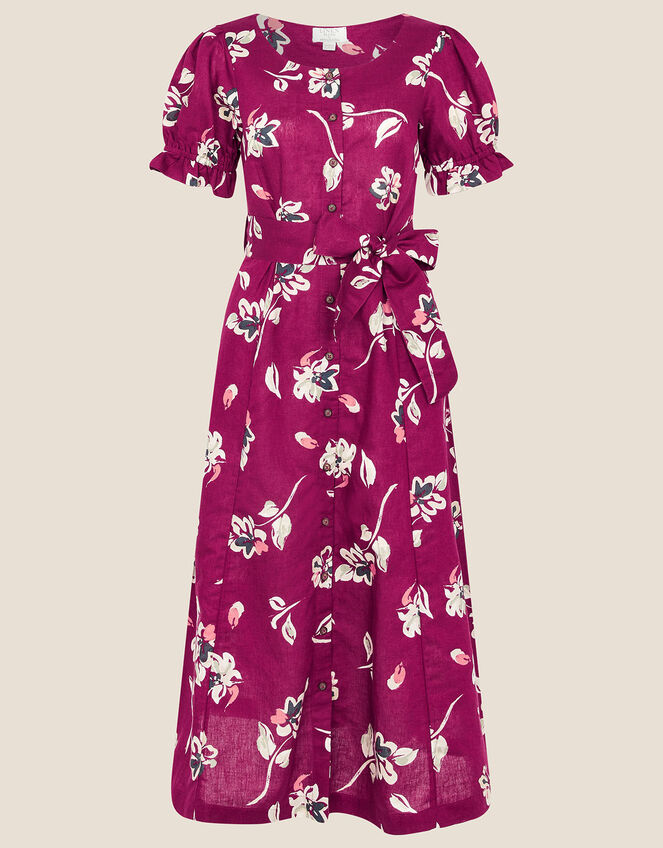 Floral Print Midi Dress In Linen Blend Pink 1551