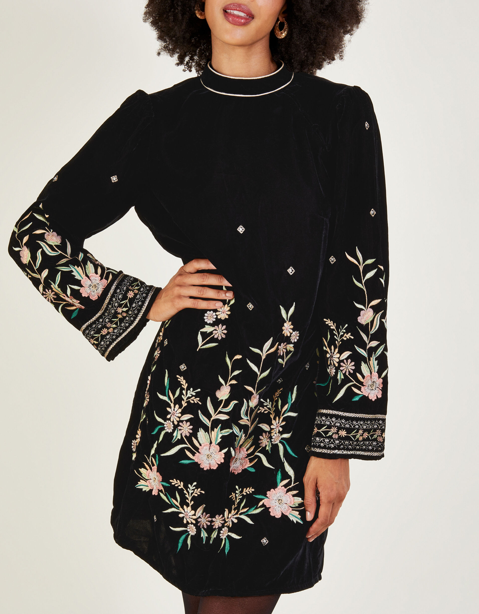 Nikki Velvet Embroidered Tunic Dress Black