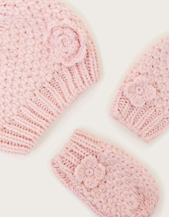 Baby Flower Hat and Mittens Set, Pink (PINK), large