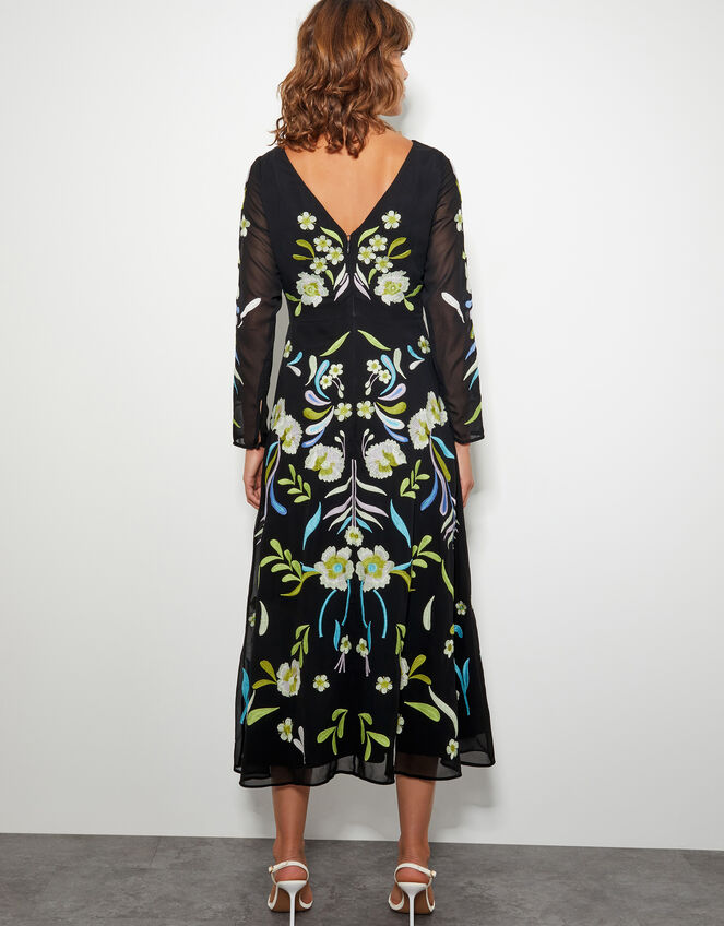 Ellen Embroidered Floral Midi Dress, Black (BLACK), large