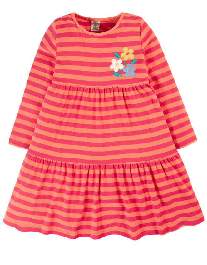 Frugi Stripe Tiered Long Sleeve Dress, Red (RED), large