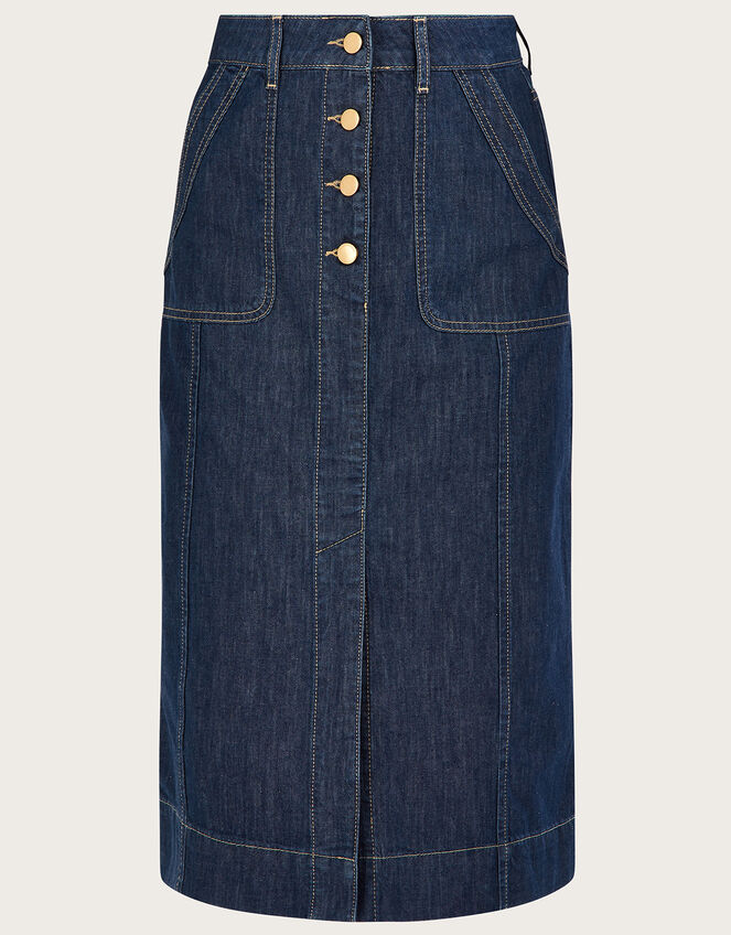 Denim Button Plain Skirt in Organic Cotton Blue
