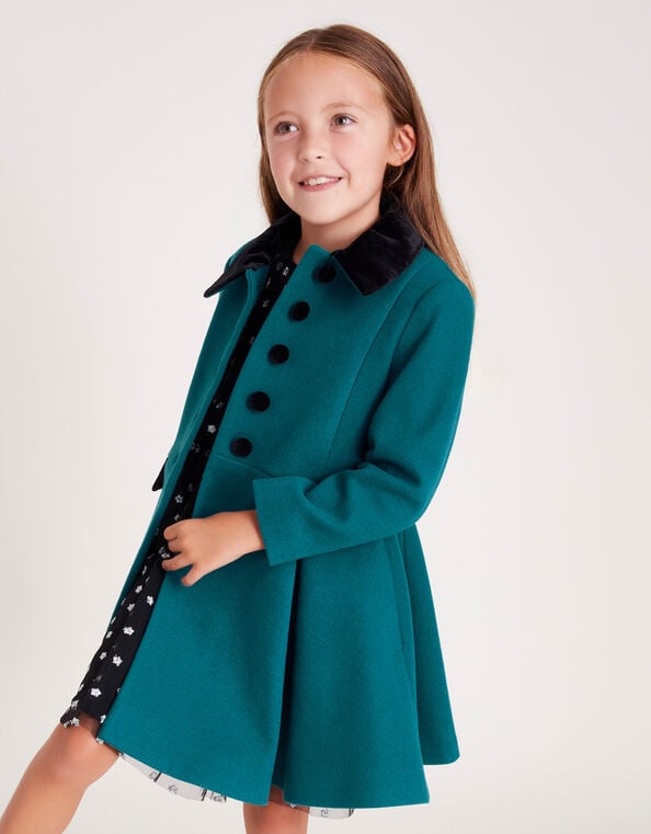 Velvet Trim Swing Coat, Teal (TEAL), large