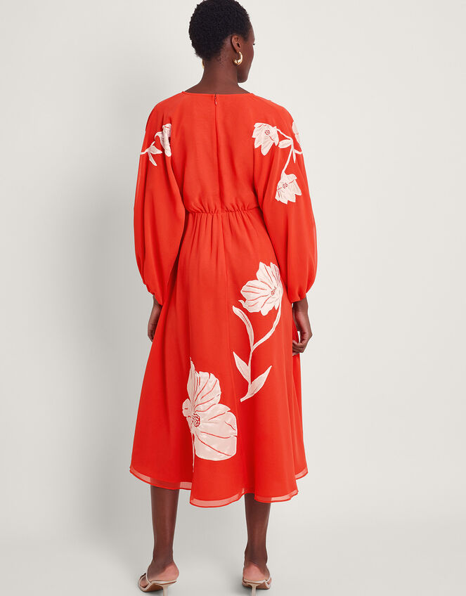 Talia Floral Applique Midi Tea Dress, Orange (CORAL), large