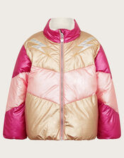 Colourblock Metallic Puffer Jacket, Pink (PINK), large