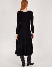 Pleat Trim Slash Neck Midi Dress with Lenzing™ Ecovero™ , Black (BLACK), large