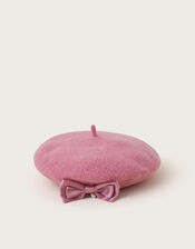 Satin Bow Wool Beret, Pink (PINK), large